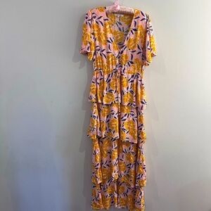 Anthropologie Abel the Label Tiered Floral Maxi Dress Button Front Tie Waist  XS